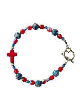 ARTISAN Cross bracelet Multicolor Floral Swirls Glass beads Toggle clasp